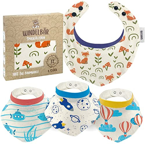 Windelbär Baby Lätzchen Aus 100% Bio Musselin Baumwolle Grösse Verstellbar 4er Set GOTS Zertifiziert Weiss