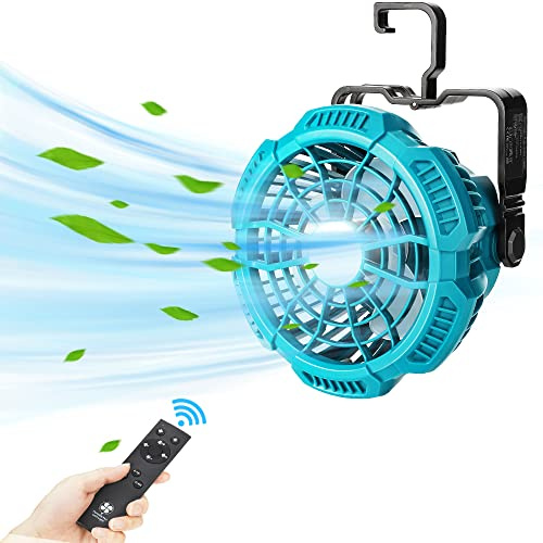 YEX-BUR Ventilateur de camping portable pour Makita, ventilateur de bureau personnel rechargeable avec crochet pliable, télécommande, minuterie 4 h, alimenté par Makita 18 V Li-Ion batterie