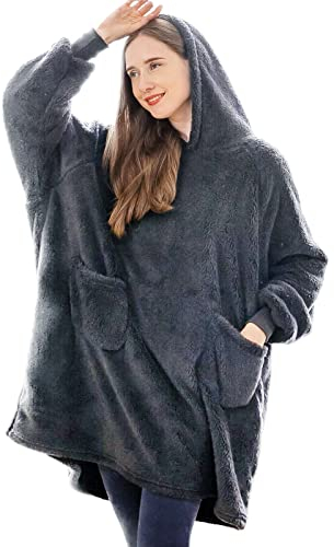 Aisbo Hoodie Decke mit Ärmeln und Kapuze - Kuschelpullover Tragbare Decke Kuscheldecke zum Anziehen als Geschenke für Frauen Damen, Warm Deckenpullover Erwachsene Flauschig Ärmeldecke Grau 95x85cm