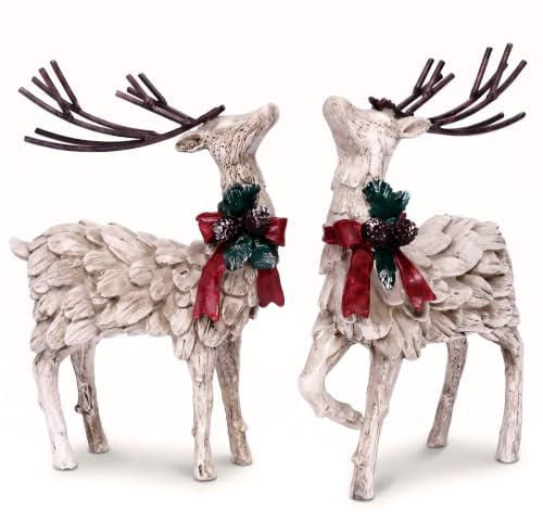 Topadorn Christmas Reindeer Figurines Set of 2, Resin Holiday Table Decor | Deer Statues with Red Bows, Pinecones and Evergreen Accents for Christmas Mantel, Shelf, Tabletop and Centerpiece Decor