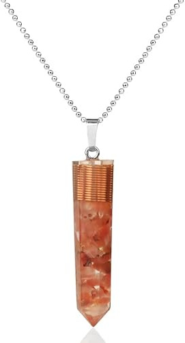Hexagonal Column Pendant Natural Chips Stone Copper Wire Resin Poured Geometry Pendants Energy Necklaces for Women Men,Red Agate Chain