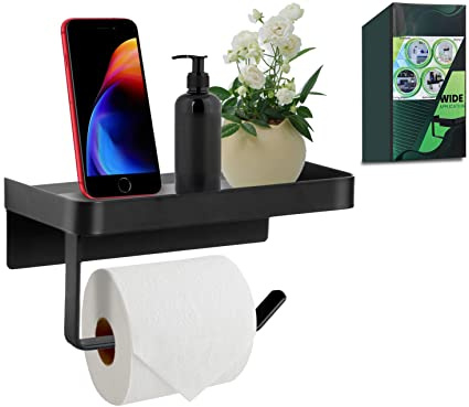 Darnall Black Stainless Steel Toilet Roll Holder with Shelf Two Installation Options Self Adhesive & Wall Mounted - Rustproof Toilet Paper Holder for Bathroom & Kitchen