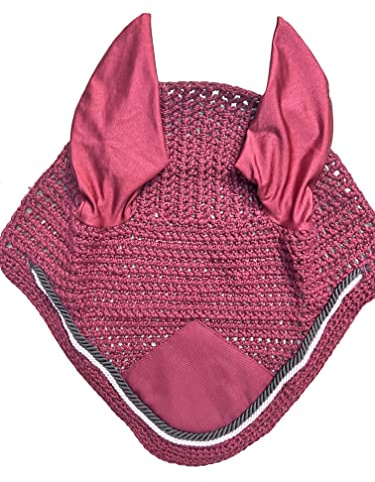 Spira häst mjuk virkad fluga slöja andningsbar bomull öron nät huva häst fluga kontroll masker skydd motorhuvor (full, rosa/svart-vit)