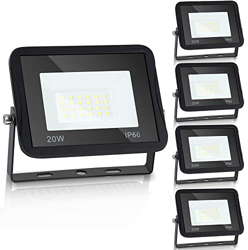Yakimz 5er LED Strahler Außen, 20W 1700LM Superhell Außenbeleuchtung Fluter 3000K Tageslichtweiß Scheinwerfer, IP66, Abstrahlwinkel 120° Flutlichtstrahler für Hof, Garage, Garten Deko, Warmweiß