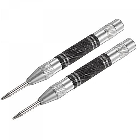 sourcing map Automatic Center Punch, 5-Inch Spring-Loaded Center Hole Puncher Marker Hand Tool Adjustable Black + Silver Tone for Wood Metal Plastic 2pcs
