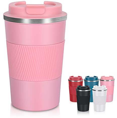 AKHTART 380ml Travel Mug for Hot & Cold Drinks with Leakproof Lid, Stainless Steel Insulated Coffee Double Walled Thermal, Portable Reusable Cup Travel/Office/School(Pink)