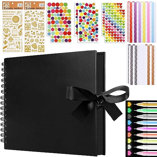Album Photo Scrapbooking 80 Pages, Album Photo Noir 29 X 21 cm, Album Scrapbooking avec 9 Stylos Métalliques et 12 Autocollants, Album Photo Classe Albums de Mariage Albums d'aventure