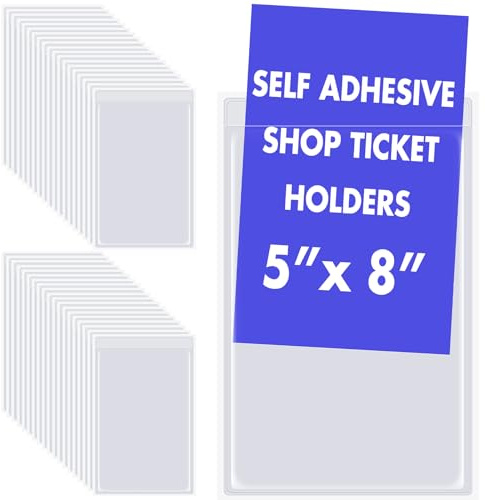 Outus 60 Pcs Self Adhesive Shop Ticket Holders Clear Plastic Sleeves Adhesive Pockets Work Order Job Ticket Holders for Home Office Posting Signs (5 x 8 Inch)