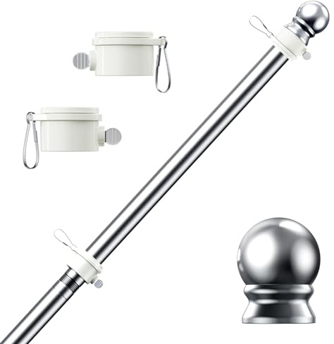 PHITRIC Asta per bandiera per kit, 1,5 m in acciaio inox per bandiera americana da 3 x 5 cm, resistente alle intemperie, pali per bandiere da esterno da 2,5 cm, senza grovigli (argento, senza staffa)