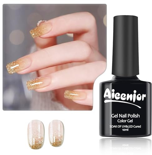 Aieenjor Smalto Semipermanente Unghie, Vernice Dorata UV LED Soak Off Nail Art Kit Vernis Smalto Semi Permanente Smalto Gel Oro 8ML