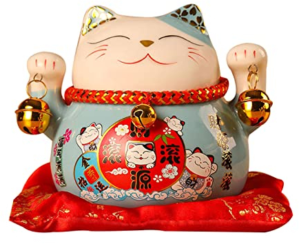 Jenngaoo Keramik Glückskatze, 4,5 Zoll Winkekatze Glückskatze Statue Glücksbringer Katze Winkende Katze Kunstvoll Dekoriert, um Reichtum Anzuziehen, Geschäftseröffnung (Blau)
