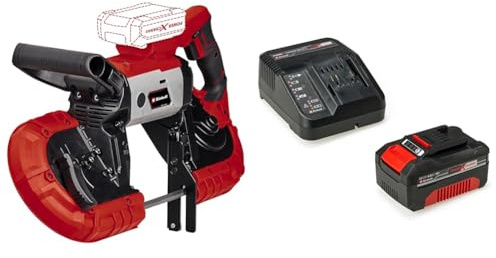 Einhell Scie à ruban sans fil TE-MB 18/127 Li-Solo Power X-Change (18 V, hauteur de coupe 115 mm, largeur de coupe 127 mm, lampe LED + 2 rubans de scie pour les métaux) avec Chargeur et Batterie 4,0Ah