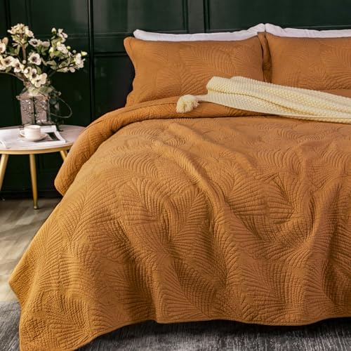 Qucover Tagesdecke 220x240 Baumwolle Bettüberwurf, Ultra Weiche Stickerei, Bedspreads, Steppdecke Mit 2 Kissenbezügen 50x75cm, Sofa Überwurfdecke Wohndecke Für Bett (Orange, 220 x 240 cm)