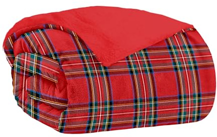 Home Tresor Plaid Pile Singolo, Coperta Pile Letto Singolo, Coperta Calda Invernale in Pile di Flanella e Sherpa, Copriletto Singolo Invernale Doppio Strato Pelliccia Pelosa Tartan Rosso cm. 150x200