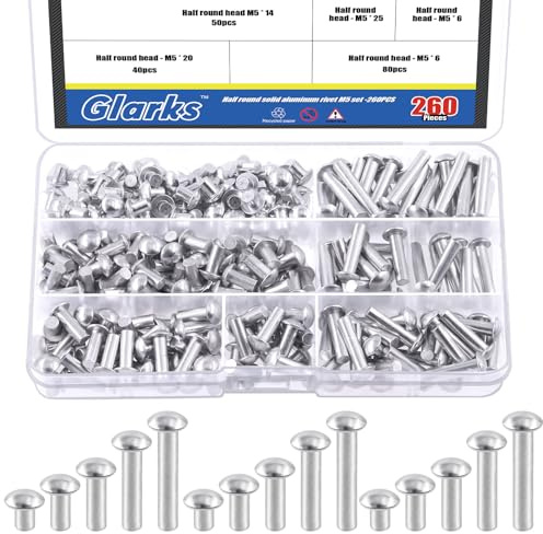 Glarks 260Pcs M5x6/10/14/20/25 Aluminum Brazier Head Solid Rivets Length 6mm 10mm 14mm 20mm 25mm Aluminum Rivets Fasteners High Corrosion Resistance for Metal Joining and Repair
