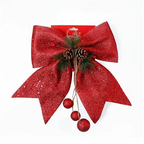 Weihnachtsbaumschleifen, groß, rot, gold, funkelnd, glitzernd, Weihnachtsband, Tannenzapfen, Weihnachtsbaumschmuck, handgefertigt, Weihnachtsdekoration (Farbe: Rot)