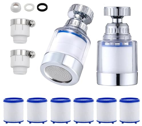 2 Stück Wasserhahn Filter Transparenter,360° Wasserhahn Filter + 6 Stück PP-Baumwollfilterelement Wasserfilter Wasserhahn mit Austauschbar Filterelement, für Küche, Spüle, Home Badezimmer