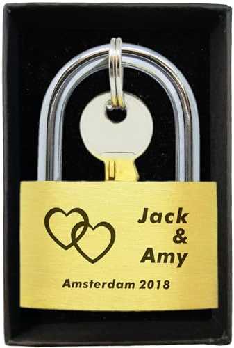 Engraved Padlock Personalised Love Lock Padlock with Key Personalised Gifts for Couples Lover Anniversary Wedding Gifts Love Lock with Gift Box for Travel Trip Valentines(Linked Hearts)
