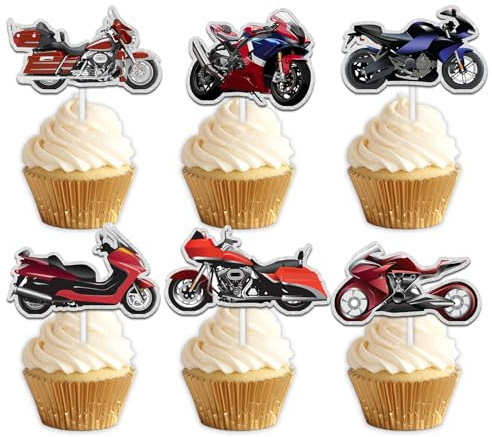 18pcs Glitter Motorcycle Dessert Cupcake Topper Pick for Race Motorcycle Racing Crazy Sport Theme Decor Supplies Men Women Boys Girls Happy Birthday Party Decorations