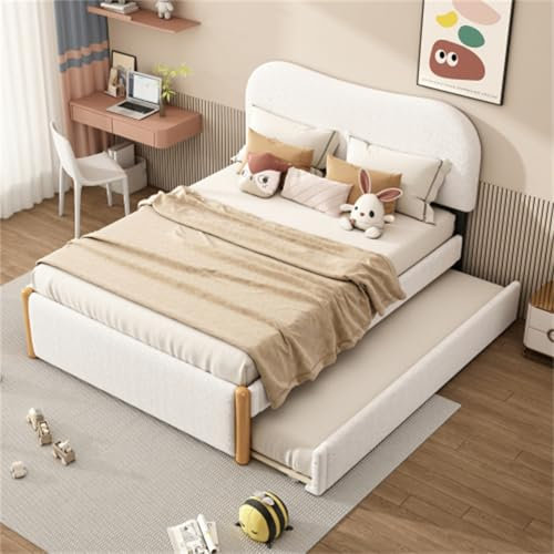 Générique Gepolstertes Bett mit Ausziehbett und Kopfteil, weiß, Einzelbett mit Lattenrost, Schlafzimmerbett und Gästezimmerbett für Erwachsene, Jugendliche und Kinder (140 x 200 cm)