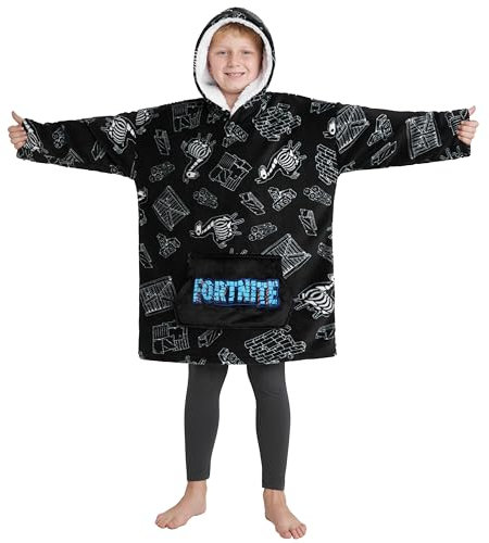 Fortnite Pull Plaid Chaud à Capuche Oversize Garçon et Ado 14+ Poncho Polaire Pull Couverture Portable Extra Longue Cadeau Gamer (Noir/Blanc Enfants)