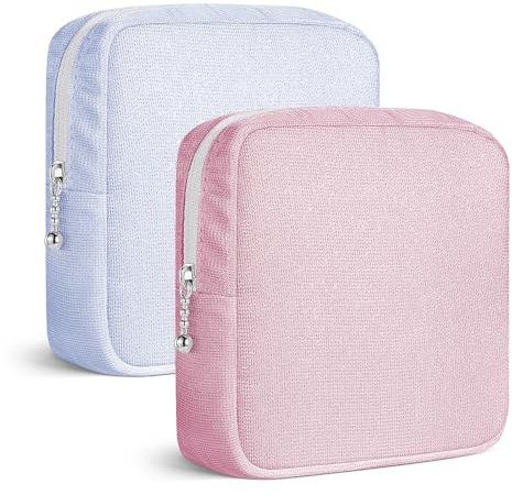 Neceser Compresas, 2 Bolsa de Almacenamiento para Compresas Algodon Tampones, Bolsa Menstrual con Cremallera de Servilletas Sanitarias, Mini Bolsa Portátil para Mujer Adolescent Niña(Azul y Rosa)