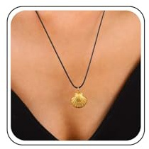 Inateannal Boho Muschel Halskette - Gold Anhänger Schwarz Leder Seil Choker - Ozean Schmuck Für Frauen