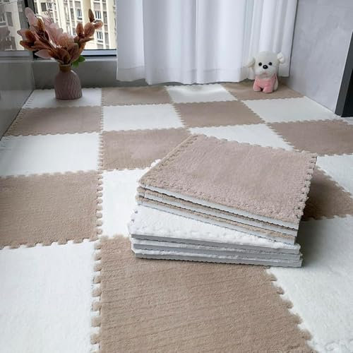 SSDDLZEQ Ineinandergreifender Teppich 30 weiche Plüschschaum-Fußmatten, ineinandergreifende Puzzle-Teppiche for Fitnessstudios, Kindergärten und Spielzimmer Dekoration(White+Apricot)