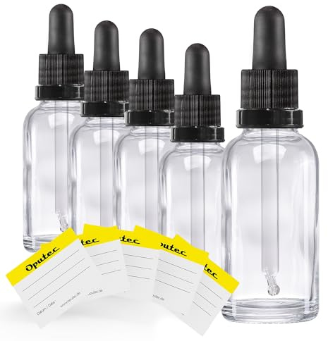 Oputec 5 x 30ml Pipettenflasche aus Klarglas mit Glaspipette + Etiketten – Apothekerflasche für Aromatherapie, ätherische Öle, Kosmetik, Tropfflasche für pharmazeutische Anwendungen und Labor