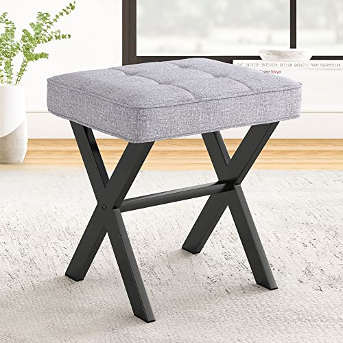 LUE BONA Fußhocker,Make-up Hocker mit X-Bein,Polsterhocker,Schminkhocker,Ottoman Sitz Fußstütze Hocker,Leinen Sitzhocker für Wohnzimmer,Schlafzimmer,43 x 33 x 46 cm,DunkelGrau-Schwarze