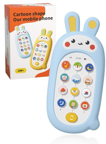 UTOPLIKEY Baby Cell Phone Toy with 12 Learning Modes & Soothing Lullabies, Soft Mobile Phone Shell, Sensory Comfort Toys Gift for Toddler Infants Baby Shower Birthday (Blue)