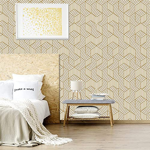 Selbstklebende Tapete Geometrisch,44 x 1000cm Weiß Gold Streifen Tapete Selbstklebende Tapeten Gestreift Gold Klebefolie Tapeten Möbelfolie Selbstklebend für Badezimmer Wohnzimmer Schlafzimmer