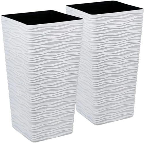 Maceteros Altos Paquete de 2 maceteros cónicos altos, macetas cuadradas de plástico blanco, macetero de árbol grande de 22 pulgadas de alto, maceta ondulada mate for jardín y casa para Guardería