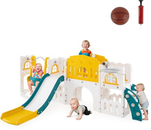 HOMASIS 10 in 1 Kinderrutsche Indoor, Kinder Rutsche mit Schaukel Basketballkorb Teleskop Lenkrad Kletterleiter Tunnel usw., Babyrutsche Spielplatz Rutschenset für Kinder ab 1 Jahr (Grün+Gelb)