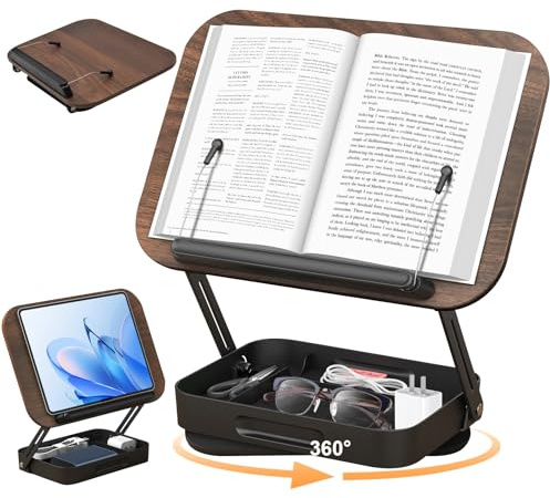 JNUYISW Buchständer Holz, Verstellbarer Buchhalter Leseständer zum Lesen mit 360° Drehbare Basis Faltbar Kochbuchhalter mit Elastischen Seitenklammern für Rezept, Zeitschrift, Tablet, Laptop