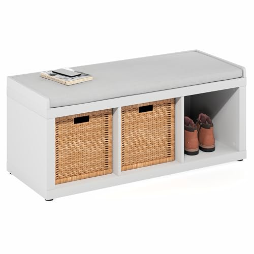 Furinno Cubicle 3-Würfel Aufbewahrungsbank mit Bequemen Kissen für Flur, Wohnzimmer, Weiß