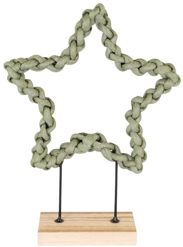 matches21 HOME & HOBBY Stella decorativa in metallo con cordoncino di carta su base di legno, verde oliva, 29 cm, decorazione natalizia boho per la casa
