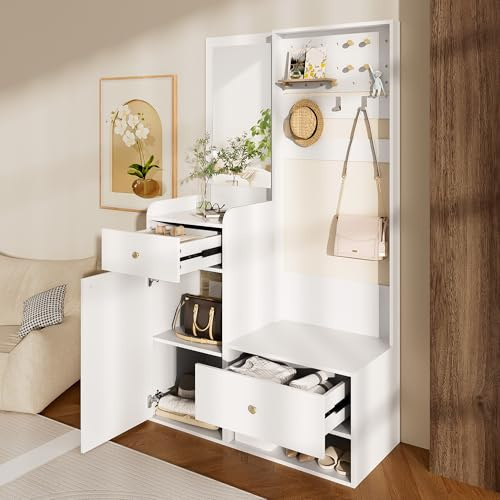 Juabett Garderobe Flurschrank, Garderobenset mit Schuhbank,Spiegel & Schublade, Flurgarderobe Set Modernes Multifunktionales Eingangsregal,Kompaktgarderobe mit Regal und Kleiderhaken 105x38x180cm Weiß
