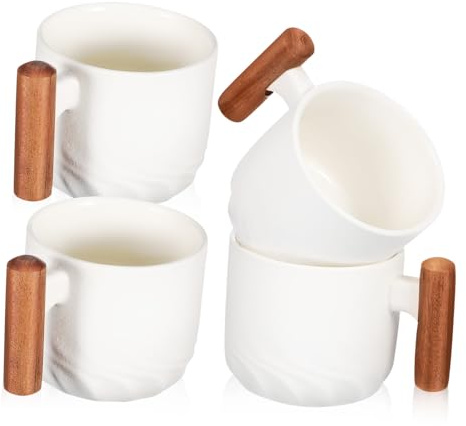 GALPADA Lot De 4 Mini Tasses à Café En Céramique Blanche Avec Poignées En Bois, Capacité, Mug à Expresso Polyvalent Pour Bureau, La Cuisine Et Usage Familial