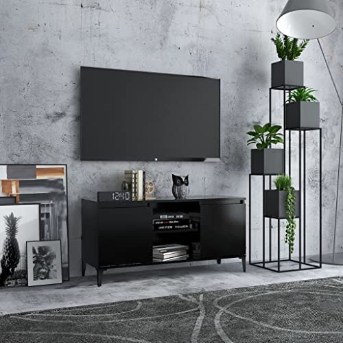 HETFTJN TV-Schrank Lowboard Schwarz 103,5x35x50 cm aus Holzwerkstoff und Metallbeinen Modernes Sideboard mit 2 Ablagen 2 Fächern Stabiler Fernsehtisch für Wohnzimmer Schlafzimmer Flur
