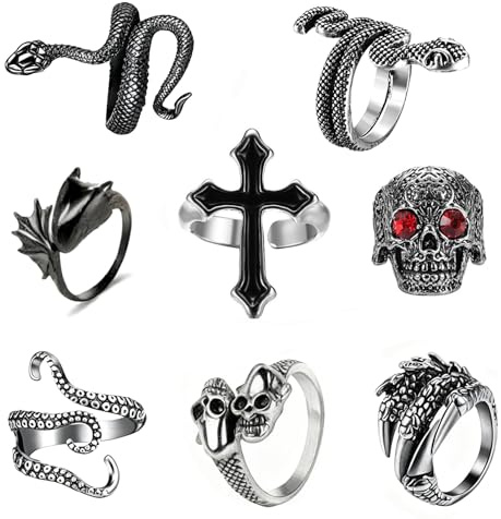 yolzhxe 8 Pièces Réglables Bagues Crâne Homm, Acier Inoxydable Bagues Vintage Gothique, Bague Serpent Croix Crâne, Anneaux Tete de Mort Homme pour Fête à Thème D'Halloween