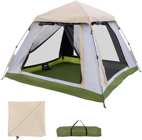 COSTWAY Tente de Camping Instantanée 2-4 Personnes, Tente Pop-up avec Auvent Amovible 2 Fenêtres en Maille 2 Portes Zippées Sac de Transport, Imperméable et Portable pour Camping Randonnée