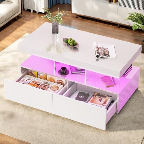 Lodera Table Basse Moderne 104x53x46 cm, Blanc Laqué avec LED, Rangement Ouvert et 2 Tiroirs, Idéale pour Salon, Bureau ou Chambre (Blanc)