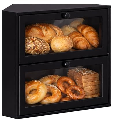 Relaxdays Panera esquinera de bambú, 2 pisos, cajón para pan con ventana, HBT: 35 x 40 x 27,5 cm, ahorra espacio, negro