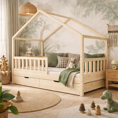 KONTARBOOR Lit cabane Enfant en Bois 90x190 cm avec 2 tiroirs de Rangement – Structure en pin – Sommier 16 Lattes - Lit Enfant Design scandinave.