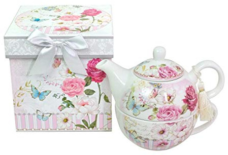 Lightahead Bone China Tea for One Set in Rose Design, in attractive Reusable Handmade Gift Box (With Ribbon)