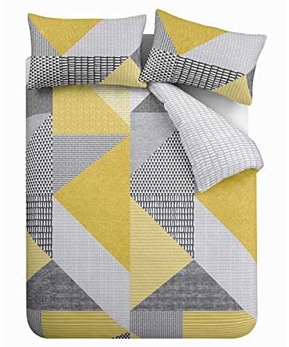 Catherine Lansfield Larsson Geo Reversible Double Duvet Cover Set with Pillowcases Ochre Yellow