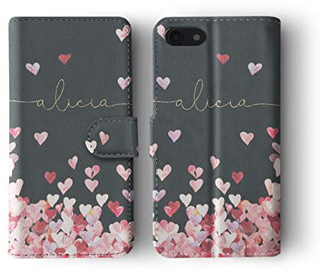 Tirita Personalised Initials Custom Wallet Leather Flip Phone Case Compatible with iPhone 11 PRINTED GLITTER, NOT REAL GLITTER Floating Falling Love Hearts Gold