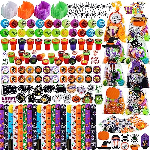 JOYIN 24 Stück vorverpackte Halloween-Spielzeug-Sets für Kinder inklusive Vampirzähne, Hüpfbälle, Spinnen, Halloween-Stempel, Aufkleber, für Halloween Süßes oder Saures, Party Geschenk-Set