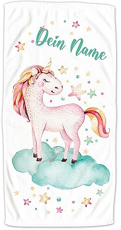 GRAZDesign Einhorn Kinderhandtuch mit Namen personalisiert, Einhorn auf Wolke, Badetuch für Mädchen von 2-10 Jahren Strandtuch Größe 140x70cm